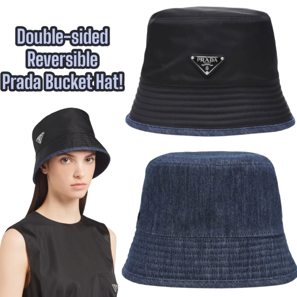 MSRP $795! Double-Sided Authentic Prada Re-Nylon & Denim Bucket Hat Size Medium - Picture 2 of 14